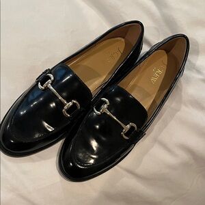 J. Crew Shiny Black Loafers with Gold  Accent